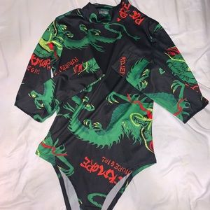 black & green silk bodysuit with dragon print 🐉